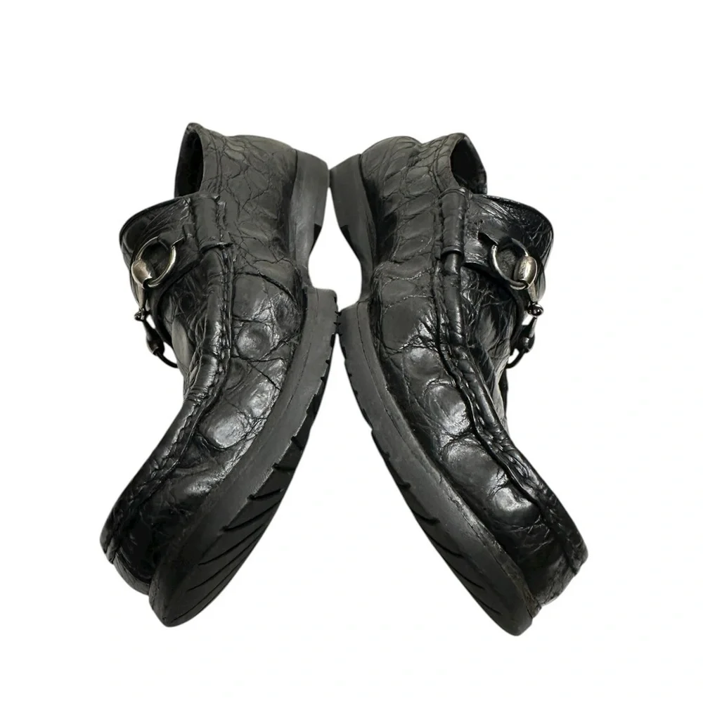 Gucci Black Crocodile Leather Loafers with Silver Detail, size 9